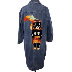 MoveUp Living Elsewhere Blue Long Duster Jacket Denim Embroidered Button Up XS